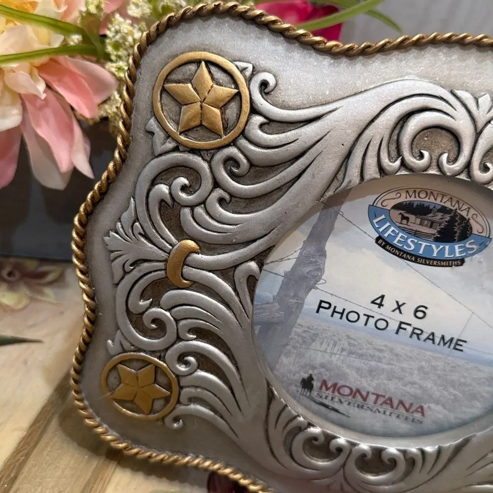 Vintage Montana Silversmiths Silver Gold Rope Trim Western 4x6 Photo Frame